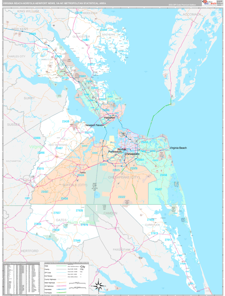 Virginia Beach-Norfolk-Newport News Metro Area Wall Map Premium Style